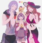  1boy 2girls animal_hood bear_hood bernadetta_von_varley bernadetta_von_varley_(summer) bikini black_bikini black_sarong blush breasts brown_bikini brown_hair choker cleavage closed_eyes dorothea_arnault dorothea_arnault_(summer) double_v earrings fire_emblem fire_emblem:_three_houses fire_emblem_heroes flat_chest flower gradient_sarong hat hat_flower hibiscus highres hood hooded_vest hoodie jewelry large_breasts long_hair looking_at_viewer male_swimwear medium_hair midriff multicolored_bikini multiple_girls nail_polish navel off-shoulder_bikini off_shoulder official_alternate_costume one_eye_closed open_mouth pendant pink_bikini purple_bikini purple_eyes purple_hair sarong sasaki_(dkenpisss) see-through_clothes short_hair simple_background smile stomach sun_hat swim_trunks swimsuit two-tone_bikini v v-shaped_eyebrows vest yuri_leclerc yuri_leclerc_(summer) 