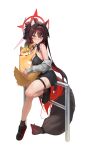  1girl absurdres animal animal_ear_fluff animal_ears black_dress black_hair black_shoes blue_archive breasts brown_socks cat closed_mouth commentary daehoak dress fox_ears fox_girl fox_tail full_body grey_jacket hair_between_eyes halo highres holding holding_animal holding_cat jacket large_breasts long_hair long_sleeves looking_at_viewer on_railing railing red_halo shoes simple_background single_off_shoulder sitting sneakers socks symbol-only_commentary tail thigh_strap very_long_hair wakamo_(blue_archive) white_background yellow_eyes 