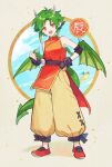  1girl armpits blue_sky bracelet brown_eyes brown_pants china_dress chinese_clothes cloud commentary draco_centauros dragon dragon_(puyopuyo) dragon_girl dragon_horns dragon_tail dragon_wings dress elbow_pads fangs flying full_body green_hair green_wings highres horns jewelry lirio_(nikori9) looking_at_viewer mohawk open_mouth pants pelvic_curtain pointy_ears puffy_pants puyopuyo puyopuyo~n red_dress red_shoes shanghai_neckline shoes short_hair side_slit sidelocks sky sleeveless sleeveless_dress smile solo_focus standing sunglasses tail teeth upper_teeth_only wings wristband 