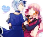  2girls :d black_gloves blue_bow blue_choker blue_dress blue_eyes blue_hair blue_hairband blunt_bangs bow bowtie braid choker claire_elford copyright_name cowboy_shot cross-laced_clothes cross-laced_dress dancing dress elbow_gloves eye_contact fumi_(rdbm) gloves hair_between_eyes hair_bow hair_ribbon hairband heart highres holding_hands long_hair looking_at_another multiple_girls orange_bow orange_bowtie orange_ribbon outline pink_dress pink_eyes pink_gloves pink_hair pink_ribbon profile puffy_short_sleeves puffy_sleeves ribbon short_hair short_sleeves side_braids simple_background smile witch&#039;s_heart zizel_(witch&#039;s_heart) 