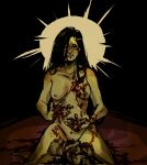  1girl 1other black_hair blood blood_on_body blood_on_breasts blood_on_hands blood_splatter completely_nude corpse crying crying_with_eyes_open death full_body heart heart_of_string highres implied_murder kneeling long_hair nekromaxxing nipples nude original out_of_frame ribs skinny sun_behind_head tears 
