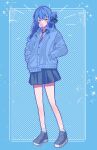  1girl absurdres alternate_costume ankle_socks asymmetrical_sidelocks bare_legs ben-day_dots blowing_bubble_gum blue_background blue_cardigan blue_eyes blue_hair blue_necktie blue_skirt blush cardigan chewing_gum collared_shirt hair_bun hair_ornament hairclip halftone hands_in_pockets highres hololive hoshimachi_suisei long_hair long_sleeves necktie official_alternate_hairstyle parallel_hairclips pleated_skirt screentones shirt skirt socks solo soranori star_(symbol) star_hair_ornament star_in_eye symbol_in_eye tie_clip virtual_youtuber wavy_hair white_shirt white_socks 