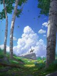  2boys armor army banner birch_tree blue_sky bug butterfly cloud commentary cumulonimbus_cloud cyclecircle english_commentary forest grass helmet highres horse horseback_riding japanese_armor multiple_boys nature original outdoors riding scenery sky sunlight tree tree_stump very_wide_shot 