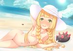  bangs beach blonde_hair blue_sky blunt_bangs blush braid breasts cloud day gen_7_pokemon green_eyes hat hat_ribbon highres lillie_(pokemon) long_hair looking_at_viewer lying navel nipples nude ocean on_side open_mouth outdoors pokemon pokemon_(creature) pokemon_(game) pokemon_sm pussy pyukumuku ribbon sand sky small_breasts sun sun_hat twin_braids uncensored v water white_hat white_ribbon yuno_(mioalice) 
