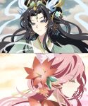  2girls animal_ear_fluff animal_ears anime_coloring black_hair bright_pupils chinese_clothes closed_mouth cloud clouded_loong_(infinity_nikki) crown earrings expressionless eyelashes fake_screenshot flower forehead_jewel forever_bond_(infinity_nikki) fox_ears from_side futureliunian gem gold_earrings green_gemstone green_hanfu green_sky hagoromo hair_flower hair_ornament hairpin hanfu highres infinity_nikki jewelry lips long_hair looking_at_viewer lotus mouth_veil multiple_girls nikki_(series) outdoors pink_hair pink_lips purple_eyes red_flower red_hanfu shawl sidelocks sky slit_pupils smile sunset tsurime upper_body veil white_pupils white_veil yellow_sky 