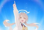  1girl arm_up blonde_hair blue_archive blue_sky day halo hifumi_(blue_archive) highres long_hair non-web_source official_art open_mouth peroro_(blue_archive) school_uniform sky solo spoilers twintails upper_body yellow_eyes yellow_halo 
