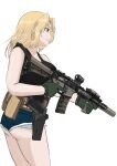  1girl absurdres ass assault_rifle black_tank_top blonde_hair blue_eyes breasts commentary_request cutoffs denim denim_shorts flashlight from_side girls_und_panzer gun highres kay_(girls_und_panzer) large_breasts long_hair magazine_(weapon) medium_breasts porotto_yontouhei red_dot_sight rifle short_shorts shorts solo suppressor tank_top thighs translation_request vertical_foregrip weapon 
