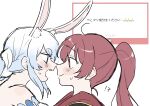  !? 2girls absurdres animal_ear_fluff animal_ears bare_shoulders blue_eyes blue_hair braid commentary from_side highres hikimayu hololive houshou_marine houshou_marine_(summer) long_hair looking_at_another multiple_girls ohagi_0909 open_mouth ponytail portrait rabbit_ears red_hair request_inset simple_background smile sweatdrop symbol-only_commentary thick_eyebrows translation_request usada_pekora usada_pekora_(1st_costume) virtual_youtuber white_background 