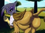  2019 absurd_res anus avian beak brown_fur butt detailed_background eyelashes feathers female feral friendship_is_magic fur gilda_(mlp) gryphon hi_res inviting looking_at_viewer looking_back lunarmarshmallow multicolored_feathers my_little_pony outside presenting purple_feathers pussy rear_view shade shaded solo standing tree two_tone_feathers white_feathers wings yellow_eyes 