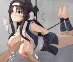  1boy 1girl arms_behind_back bare_shoulders barefoot bdsm black_hair black_scarf blue_kimono blush bound bound_arms bound_legs breasts breasts_out cleavage closed_mouth commentary_request commission eyes_visible_through_hair feet feet_up forehead_protector from_side frown grabbing_another&#039;s_breast green_eyes grey_background groping hair_between_eyes hair_over_breasts hanging hetero highres hitachi_mako japanese_clothes karamete19 kimono knees_out_of_frame large_breasts legs_together looking_ahead ninja nipples open_clothes open_kimono paid_reward_available ponytail pov pov_hands rope sash scarf senren_banka shibari short_hair_with_long_locks short_kimono short_ponytail simple_background skeb_commission sleeveless sleeveless_kimono soles solo_focus sound_effects speech_bubble straight_hair toes tsurime white_sash 