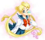  bishoujo_senshi_sailor_moon blonde_hair blue_eyes blue_sailor_collar double_bun drachea_rannak earrings ice_cream_cone jewelry juuban_middle_school_uniform licking long_hair one_eye_closed pleated_skirt sailor_collar school_uniform serafuku skirt solo tsukino_usagi twintails very_long_hair watermark 