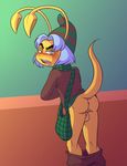  aisha_(neopets) annoyed antennae anthro anus backsack balls blush butt clothed clothing frown hoban ladysomnambule looking_at_viewer looking_back mammal messenger_bag neopets open_mouth pants_down partially_clothed perineum raised_tail 