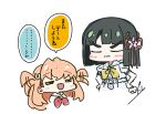  2girls :d =_= black_hair blunt_bangs blunt_ends blush bob_cut cerise_bouquet chibi chibi_only closed_eyes closed_mouth colored_speech_bubble dress embarrassed expressive_hair flower flower_knot hair_flower hair_ornament hair_wagging hands_on_own_hips hasu_no_sora_school_uniform highres hinoshita_kaho light_frown link!_like!_love_live! love_live! medium_hair momose_ginko multiple_girls neckerchief oofushi_ao open_mouth pink_flower rabbit_hair_ornament red_neckerchief sailor_collar sailor_dress school_uniform short_hair smile speech_bubble translated two_side_up v-shaped_eyebrows virtual_youtuber white_dress white_sailor_collar yellow_neckerchief 