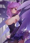  1girl absurdres armpits bangs bare_shoulders black_legwear blush breastless_clothes breasts choker cleavage cowboy_shot crown dark_elementalist_lux elbow_gloves elementalist_lux from_side gloves highres league_of_legends light_smile long_hair looking_at_viewer looking_to_the_side luxanna_crownguard medium_breasts miniskirt nipples paid_reward parted_lips patreon_reward pink_eyes purple_gloves purple_hair shiny shiny_hair side_ponytail skirt sleeveless solo songjikyo sparkle symbol-shaped_pupils wings 