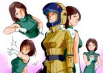  1girl aeug breasts brown_hair emma_sheen gloves green_eyes gundam helmet highres looking_at_viewer mecha_pilot_suit military military_uniform normal_suit_(gundam) pgmajimaji science_fiction short_hair sleeveless smile upper_body zeta_gundam 