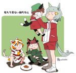  4girls :&lt; animal_ears barefoot black_bow black_eyes black_ribbon black_shoes blunt_bangs bow braid brown_hair cat_ears cat_girl cat_tail chen closed_eyes closed_mouth commentary_request crossover dress extra_ears food full_body goutokuji_mike green_background green_dress green_hat gym_uniform hair_bow hat jacket kaenbyou_rin leg_ribbon lifting_person looking_at_another mob_cap multicolored_hair multiple_girls multiple_tails o3o onikobe_rin open_clothes open_jacket red_hair red_jacket red_shorts red_skirt red_vest ribbon seiun_sky_(umamusume) shirt shoes short_hair shorts simple_background skirt socks squatting standing streaked_hair tail touhou tracen_training_uniform translation_request twin_braids two-tone_background two_tails umamusume vest white_background white_hair white_shirt white_shoes white_skirt white_socks 