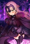 armor bad_id bad_pixiv_id bangs black_legwear blonde_hair blush breasts cleavage cloak commentary_request eyebrows_visible_through_hair fate/grand_order fate_(series) fur_trim headpiece highres holding impossible_clothes jeanne_d'arc_(alter)_(fate) jeanne_d'arc_(fate)_(all) kawai knee_up large_breasts long_hair looking_at_viewer open_mouth original sheath sheathed solo standing standing_on_one_leg sword teeth thighhighs weapon yellow_eyes 