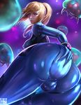  ass ass_grab bent_over blonde_hair blue_eyes bodysuit cameltoe limgae looking_at_viewer looking_back metroid metroid_(creature) samus_aran self_fondle solo zero_suit 