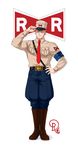  armband belt_buckle blonde_hair blue_(dragon_ball) blue_eyes boots brown_footwear buckle drachea_rannak dragon_ball dragon_ball_(classic) hand_on_hip hat hat_tip highres male_focus military necktie red_ribbon_army smile solo watermark 