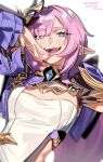  1girl blue_eyes breasts commentary corset elysia_(honkai_impact) elysia_(miss_pink_elf)_(honkai_impact) english_commentary hair_ornament highres honkai_(series) honkai_impact_3rd ink_(inkypyon) large_breasts licking_lips long_hair looking_at_viewer open_mouth pink_hair shrug_(clothing) simple_background solo teeth tongue tongue_out upper_teeth_only white_background white_corset 