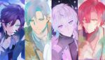  4boys banzoin_hakka beard_stubble bishounen black_gloves black_hair black_skin blue_eyes blue_hair colored_skin earrings english_commentary facial_hair gavis_bettel gloves gradient_skin grey_hair hair_between_eyes hand_on_another&#039;s_chin heterochromia highres holostars holostars_english jewelry josuiji_shinri lau_135 looking_at_viewer machina_x_flayon male_focus medium_hair multicolored_hair multiple_boys pink_eyes pink_hair pov pov_hands purple_hair red_hair shirt short_hair side_part smile streaked_hair stubble tassel tassel_earrings virtual_youtuber white_hair 
