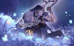  2boys aqua_eyes arm_up armor back black_pants blue_butterfly broken_mask bug butterfly caelus_(honkai:_star_rail) cloak fingerless_gloves flame_reaver_of_the_deepest_dark flower freaknaru123 from_behind gloves glowing glowing_butterfly glowing_eyes grey_hair hair_between_eyes head_tilt highres holding holding_weapon honkai:_star_rail honkai_(series) hood hood_up hooded_cloak knee_up leaning_back leaning_forward lifting_person light_particles looking_down mask mixed-language_commentary multiple_boys night night_sky on_grass outdoors pants phainon_(honkai:_star_rail) shade short_hair sitting sky sleeves_rolled_up spoilers star_(sky) trailblazer_(honkai:_star_rail) weapon white_hair yaoi 