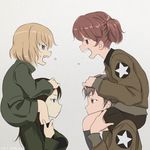  akagi_(fmttps) alisa_(girls_und_panzer) angry bad_id bad_pixiv_id black_hair blonde_hair blue_eyes brown_eyes brown_hair carrying commentary face-to-face fang freckles girls_und_panzer green_jacket jacket katyusha military military_uniform multiple_girls naomi_(girls_und_panzer) nonna profile short_twintails shoulder_carry shouting simple_background twintails uniform 