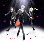  black_hair blonde_hair blue_eyes bow bowtie brown_eyes flower formal green_eyes holding_hands ice_skates katsuki_yuuri male_focus multiple_boys nechi774 open_mouth petals silver_hair skates smile spotlight suit viktor_nikiforov yuri!!!_on_ice yuri_plisetsky 