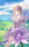  1girl blonde_hair blooming_dreams_(infinity_nikki) blue_sky bow bug butterfly chest_jewel circlet closed_mouth cloud collar day detached_collar dress fairy fairy_wings fake_pointy_ears fake_wings feet_out_of_frame field floral_print flower flower_field forest gem gold_circlet hair_flower hair_ornament happy high_collar highres hill infinity_nikki jiumo_(pixiv_32921912) lace_collar lips looking_at_viewer medium_dress nature nikki_(series) on_flower outdoors outstretched_hand purple_arm_warmers purple_bow purple_butterfly purple_dress purple_eyes purple_flower purple_gemstone purple_rose purple_wings rose see-through_clothes see-through_dress short_hair_with_long_locks sitting sky sleeveless sleeveless_dress smile solo striped_bow two-tone_bow white_bow white_collar wings 