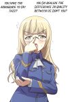  1girl absurdres adjusting_eyewear ascot blonde_hair blue_jacket blush breasts brown_eyes confession english_text flying_sweatdrops glasses hand_on_eyewear hattorin highres jacket long_hair long_sleeves looking_at_viewer military military_uniform open_mouth perrine_h._clostermann solo strike_witches white_background world_witches_series 