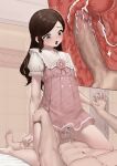  2boys absurdres anal blush brown_hair censored chastity_cage clothed_sex cowgirl_position cross-section crossdressing crossdressing_(mtf) cum cum_in_ass cum_on_body cum_on_stomach curly_sidelocks dress ejaculating_while_penetrated ejaculation flat_chastity_cage frills green_eyes half_updo hand_on_another&#039;s_hip hand_on_another&#039;s_leg handsfree_ejaculation highres holding_hands interlocked_fingers long_hair looking_at_another male_focus male_penetrated mosaic_censoring multiple_boys omochi_art753 on_bed open_mouth original pink_dress pink_ribbon projectile_cum prostate ribbon sailor_collar sex small_chastity_cage solo_focus straddling straight_hair testicles thighs trap twitching yaoi 