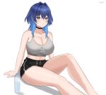  1girl arm_support artist_name black_choker black_shorts blue_eyes blue_hair bottle breasts choker cleavage dolphin_shorts grey_sports_bra hair_intakes highres hololive hololive_english large_breasts multicolored_hair ouro_kronii senpaisif short_shorts shorts simple_background solo sports_bra two-tone_hair virtual_youtuber water_bottle white_background 