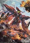  claws commentary_request company_name copyright_name copyright_notice explosion fire from_below gundam gundam_unicorn mecha mecha_focus mobile_armor no_humans official_art robot science_fiction shamblo smoke sunrise_(company) tani_(tanidesuyo) 