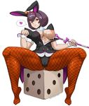  1girl :3 animal_ears breasts brown_legwear bunny_ears bunnysuit candy candy_cane cum cum_on_body fishnet_legwear fishnets full_body gyakuten_saiban gyakuten_saiban_6 hat highres leotard looking_at_viewer mini_hat mini_top_hat nanano_mimi orange_hat pantyhose purple_hair red_eyes safurantora shoes short_hair smile solo top_hat wrist_cuffs 