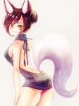  ahri alternate_hairstyle animal_ears backless_dress backless_outfit bare_shoulders black_hair breasts dress facial_mark fox_ears fox_tail halterneck large_breasts league_of_legends long_hair looking_at_viewer looking_to_the_side meme_attire mizoreame solo sweater sweater_dress tail virgin_killer_sweater whisker_markings yellow_eyes 