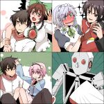  1other 2boys 3girls arm_around_shoulder black_hair blush bow braid crossover full-face_blush green_bow grey_hair gundam gundam_00 gundam_seed hair_bow headpat humanoid_robot izayoi_sakuya komeiji_satori kuroneko_(44yen) looking_at_viewer maid maid_headdress military_uniform multiple_boys multiple_crossover multiple_girls one_eye_closed open_mouth pink_hair red_eyes red_scarf reiuji_utsuho robot scarf senkousha setsuna_f._seiei shinn_asuka short_hair simple_background sitting smile third_eye third_eye_on_chest touhou twin_braids wavy_mouth 