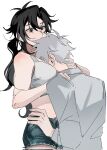  1boy 1girl antenna_hair bare_shoulders between_breasts black_eyes black_hair black_shorts blush breasts cheng_xiaoshi chinese_commentary closed_mouth collared_shirt couple cowboy_shot crop_top denim denim_shorts face_to_breasts genderswap genderswap_(mtf) hair_between_eyes hand_on_another&#039;s_hip hand_on_another&#039;s_neck hand_on_another&#039;s_shoulder head_between_breasts hetero highres hug large_breasts long_hair looking_at_another low_ponytail lu_guang messy_hair midriff ponytail shannontay67979 shiguang_dailiren shirt short_hair short_shorts shorts simple_background smile tank_top white_background white_hair white_shirt white_tank_top 