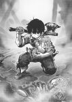  1boy 1girl axe black_hair blurry boots carrying child clothes_grab collared_shirt commentary_request corpse crying decapitation depth_of_field elf goblin greyscale hair_ornament highres holding holding_axe jun_(navigavi) leaf_hair_ornament looking_at_viewer monochrome original outdoors pointy_ears scared sheath sheathed shirt shirt_grab short_hair sleeves_rolled_up sweat sword tears weapon 