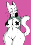  belly big_breasts blush bottomless breasts cat chest_tuft clothed clothing collar dubtitled fangs feline female flashing invalid_tag mammal navel pasties simple_background sweater tuft whiskers wide_hips 