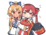  2girls averting_eyes black_coat blonde_hair blush_stickers bow bowtie breasts bright_pupils buttons coat coat_partially_removed cowboy_shot dark-skinned_female dark_skin deformed detached_sleeves elf embarrassed flying_sweatdrops gold_trim hair_bow hair_ribbon heterochromia high_ponytail highres hololive houshou_marine houshou_marine_(1st_costume) hug hug_from_side jacket jkbakabaka large_breasts long_hair long_sidelocks miniskirt multicolored_hair multiple_girls no_eyepatch no_headwear off_shoulder pointy_ears ponytail red_bow red_bowtie red_eyes red_jacket red_ribbon red_skirt ribbon shiranui_flare shiranui_flare_(1st_costume) shirt sidelocks skirt skirt_set sleeveless sleeveless_jacket streaked_hair twintails virtual_youtuber waist_hug white_pupils white_shirt white_skirt white_sleeves wide_sleeves yellow_eyes yuri 