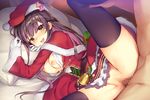  1girl :d bed bell black_hair black_legwear breasts brown_hair censored christmas clothed_female_nude_male flower_knight_girl game_cg gloves half_updo happy_sex hat hetero ionocidium_(flower_knight_girl) long_hair lying medium_breasts missionary mosaic_censoring nude official_art on_back open_clothes open_mouth open_shirt penis pillow red_hat santa_costume santa_hat sex shawl shirt skirt smile solo_focus spread_legs sugimeno thighhighs vaginal white_gloves yellow_eyes 