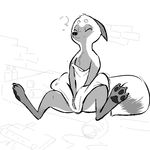  2017 anthro bed canine cup disney drunk eyes_closed fan_character female fox fur mammal monochrome nude pawpads paws replytoanons sitting solo tasteful_nudity zootopia 