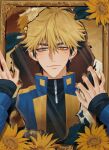  1boy absurdres black_hair black_shirt blonde_hair blue_jacket blush broken_mirror chinese_commentary closed_mouth ear_piercing earrings flower fuqi164630 hair_between_eyes hands_up highres jacket jewelry long_sleeves looking_at_viewer male_focus mirror multicolored_hair piercing pov reflection shiguang_dailiren shirt short_hair sleeves_past_wrists smile solo sunflower track_jacket turtleneck two-sided_fabric two-sided_jacket two-tone_hair upper_body xia_fei yellow_eyes yellow_flower zipper zipper_pull_tab 