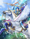  blue_armor blue_cape blue_eyes blue_hair cape copyright_name fire_emblem fire_emblem:_fuuin_no_tsurugi fire_emblem_cipher gold_trim headband official_art pegasus pegasus_knight polearm riding spear thany toyota_saori weapon 