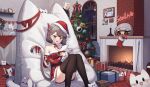  &gt;_&lt; 1girl :3 :d absurdres animal_ears bean_bag_chair black_choker black_thighhighs box breasts candy candy_cane cat_ears cat_girl cat_tail choker christmas christmas_ornaments christmas_present christmas_stocking christmas_tree creature detached_sleeves dress fang fire fireplace food gift gift_box grey_hair hat heart highres holding holding_creature indoors large_breasts lunyaria maro_(neneko_mashiro) merry_christmas multicolored_hair neneko_mashiro night open_mouth photo_(object) picture_frame plate pouring red_dress red_eyes red_hair saliva santa_costume santa_dress santa_hat serving_dome short_dress short_hair sitting sleeping smile stellive streaked_hair table tail teapot thighhighs two-tone_hair virtual_youtuber window 