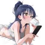  1girl ass black_hair boku_no_kokoro_no_yabai_yatsu breasts brown_eyes cellphone commentary_request cup drinking_glass grey_sports_bra holding holding_cup holding_phone large_breasts long_hair milk phone ponytail silent_armor simple_background smartphone solo sports_bra white_background yamada_anna 