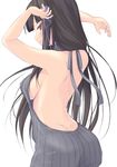  aran_sweater arms_up back backless_dress backless_outfit bangs bare_back black_hair blue_ribbon blunt_bangs blush breasts brown_eyes dimples_of_venus dress eyebrows_visible_through_hair from_behind hair_ribbon halterneck highres large_breasts long_hair looking_at_viewer looking_back meme_attire naked_sweater original parted_lips profile ribbed_sweater ribbon sasakura_momiji shoulder_blades sideboob simple_background smile solo sweater sweater_dress turtleneck turtleneck_sweater upper_body virgin_killer_sweater white_background 