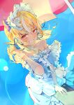  1girl absurdres bare_shoulders blonde_hair collarbone commentary_request dark-skinned_female dark_elf dark_skin dress elf flower grin hair_flower hair_ornament highres hololive holonatsu_paradise jierman lens_flare long_hair looking_at_viewer multicolored_hair off-shoulder_dress off_shoulder parasol pointy_ears red_eyes shiranui_flare shiranui_flare_(holonatsu_paradise) sidelocks smile solo streaked_hair umbrella virtual_youtuber 
