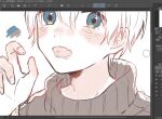  1boy art_program_in_frame blue_eyes blush clip_studio_paint_(medium) commentary_request daifuku_mame_(kageroudt33) fang fingernails grey_sweater highres limited_palette looking_at_viewer lower_teeth_only male_focus open_mouth original sketch solo sweater teeth translation_request 