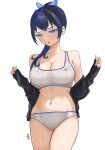  1girl absurdres black_hair black_jacket blue_eyes blue_hair breasts cleavage diptip grey_panties grey_sports_bra hair_intakes highres hololive hololive_english jacket large_breasts ouro_kronii panties simple_background solo sports_bra sweat underwear virtual_youtuber white_background 